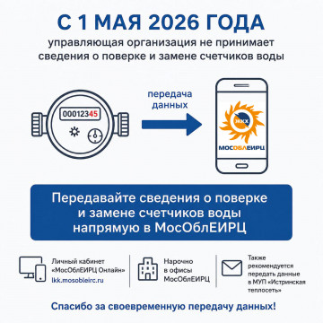 Важная информация! С 01 мая 2026 года управляющая организация не принимает сведения о поверке и замене индивидуальных приборов учета холодной и горячей воды